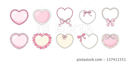 Pink coquette heart frames with cute bows and lace. Cute Valentine border set in pastel girly style for wedding invitations, romantic cards and decorative labels Pink coquette heart frames with cute bows and lace. Cute Valentine border set in pastel girly style for wedding invitations, romantic cards and decorative labels 137411551