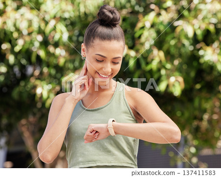 Smart watch, pulse and woman outdoor in fitness, exercise and workout in nature. Heart rate, clock and happy athlete check in cardio, training progress and sports in healthy body, wellness and time Smart watch, pulse and woman outdoor in fitness, exercise and workout in nature. Heart rate, clock and happy athlete check in cardio, training progress and sports in healthy body, wellness and time 137411583