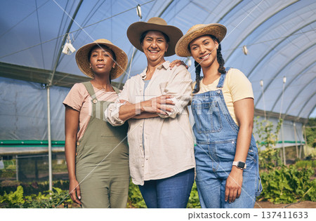 Women, farming and group portrait in greenhouse, countryside and friends with leadership, agriculture and summer. Female teamwork, happy and support in nursery, growth and agro development for plants 137411633