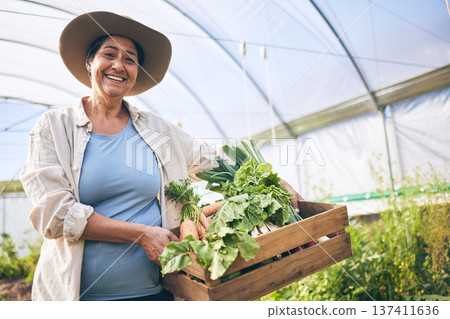 Smile, greenhouse and portrait woman on vegetable farm for sustainable business, nature and box. Agriculture, gardening and happy face of female farmer, green plants and agro farming for healthy food Smile, greenhouse and portrait woman on vegetable farm for sustainable business, nature and box. Agriculture, gardening and happy face of female farmer, green plants and agro farming for healthy food 137411636