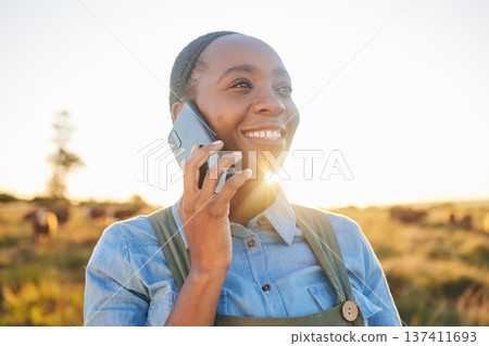 Phone call, countryside and black woman with a smile, agriculture and communication with network. Person outdoor, girl or farmer with a smartphone, conversation and connection with nature and contact 137411693