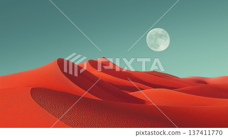 Surreal Red Desert Landscape on Alien Planet with Large Moon Surreal Red Desert Landscape on Alien Planet with Large Moon 137411770