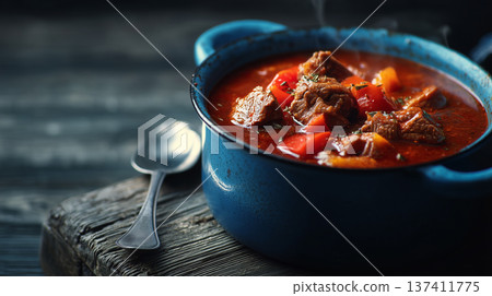Traditional Beef Goulash Soup in Blue Enamel Pot 137411775