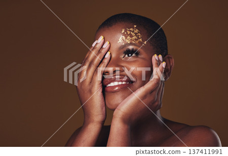 Art, smile and black woman with gold makeup on brown background, glitter and cosmetics mockup. Beauty shine, glow and African model in studio space for fashion, aesthetic freedom and luxury skincare. 137411991