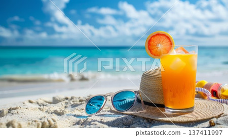 A glass of red drink with a straw and a straw hat on the beach. The drink is a refreshing beverage to enjoy on a hot day at the beach 137411997
