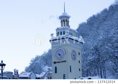 Clock on the Town Hall. Russia, Sochi, Rosa Khutor, January 2, 2026. Clock on the Town Hall. Russia, Sochi, Rosa Khutor, January 2, 2026. 137412014