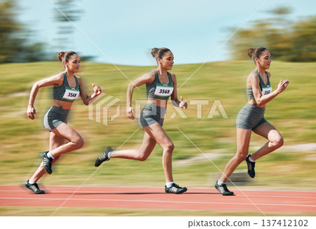 Sports, running and sequence of woman on race track in stadium for exercise, training and workout. Fitness, fast and female athlete with motion blur for speed for challenge, competition and marathon Sports, running and sequence of woman on race track in stadium for exercise, training and workout. Fitness, fast and female athlete with motion blur for speed for challenge, competition and marathon 137412102