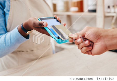 Credit card, payment screen and hand with store cashier, machine and transaction in a retail shop. Discount, ecommerce and shopping with electronic pay, fintech and customer with purchase and tech 137412198