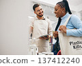 Man, black woman and eco friendly grocery store shopping bag with commitment to climate change at sustainable small business. Recycling, plastic kills logo and people at supermarket with sales choice 137412240