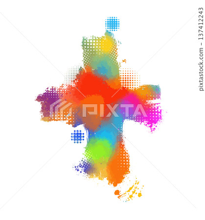 colored cross. Cross made of rainbow blots. Happy easter. Hand drawn. Not AI, vector illustration 137412243