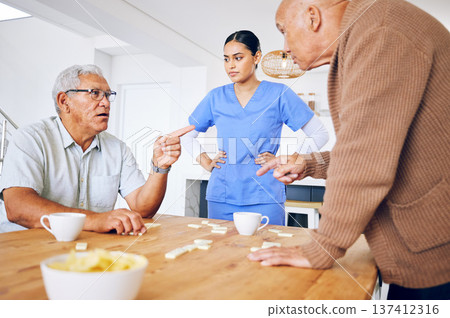 Nurse, senior and fighting over a game of dominoes with people in a retirement home for assisted living. Healthcare, medical and a female medicine professional looking at upset old men arguing Nurse, senior and fighting over a game of dominoes with people in a retirement home for assisted living. Healthcare, medical and a female medicine professional looking at upset old men arguing 137412316