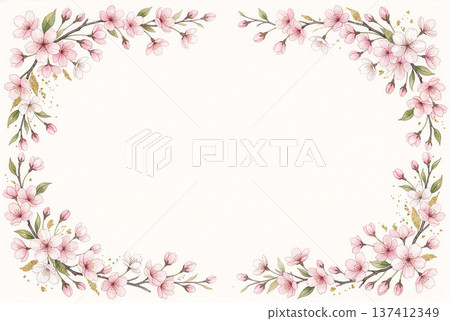 一幅橫版畫，四角飾以金箔櫻花和櫻花枝。 137412349