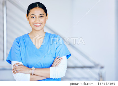 Portrait, nurse and woman with arms crossed, smile and career with healthcare, surgeon and expert in a hospital. Person, medical professional and physician in a clinic, wellness and life insurance Portrait, nurse and woman with arms crossed, smile and career with healthcare, surgeon and expert in a hospital. Person, medical professional and physician in a clinic, wellness and life insurance 137412365
