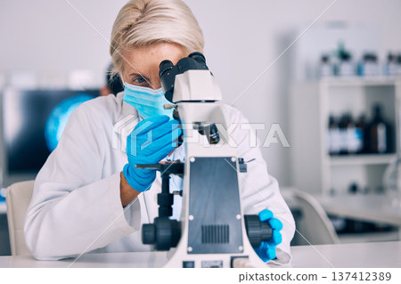 Microscope, senior woman and science check with vaccine research for a pharmaceutical or medical study. Chemistry, biometric and molecule analytics for particles and virus investigation in a hospital Microscope, senior woman and science check with vaccine research for a pharmaceutical or medical study. Chemistry, biometric and molecule analytics for particles and virus investigation in a hospital 137412389