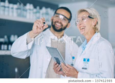 Tablet, science and research team writing on glass in the laboratory for planning on innovation. Healthcare, medical and scientist doctors in a lab to study a formula together for future development Tablet, science and research team writing on glass in the laboratory for planning on innovation. Healthcare, medical and scientist doctors in a lab to study a formula together for future development 137412393
