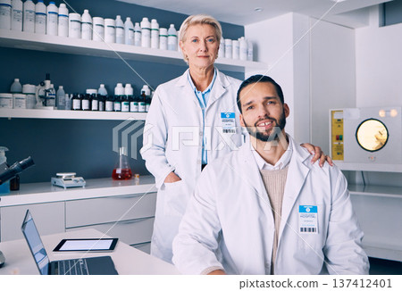 Portrait, science and a team of doctors in a laboratory for research or innovation in medicine breakthrough. Teamwork, healthcare or medical with a confident man and woman scientist in a hospital lab 137412401