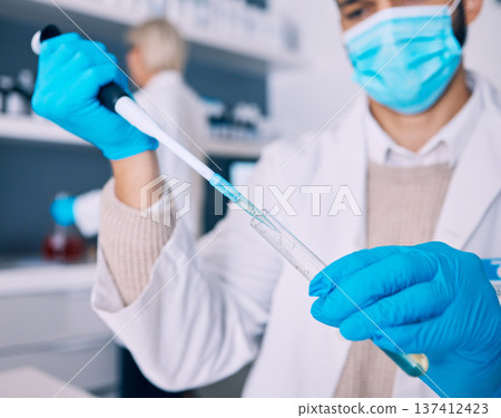 Closeup, vial and hands of a scientist for research of liquid for a chemistry test in a lab. Safety, medicine and a pharmacy employee with gear for biotechnology or a technician studying a chemical Closeup, vial and hands of a scientist for research of liquid for a chemistry test in a lab. Safety, medicine and a pharmacy employee with gear for biotechnology or a technician studying a chemical 137412423