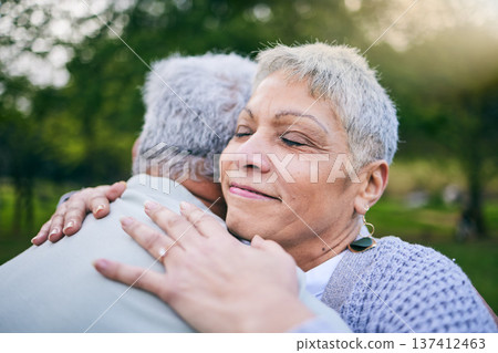 Senior couple, happy and hug at park with love, care and bonding for trust, support and wellness outdoor. Elderly man, woman and embrace in nature for healthy relationship, connection and together Senior couple, happy and hug at park with love, care and bonding for trust, support and wellness outdoor. Elderly man, woman and embrace in nature for healthy relationship, connection and together 137412463
