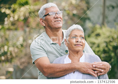 Love, hug and senior couple in a garden with care, trust and support, thinking and bond outdoor. Happy, marriage and elderly man with old woman in backyard embracing retirement, relax and smile 137412506