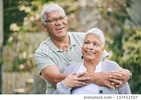 Portrait, hug and happy senior couple in a garden with care, trust and conversation, support and love outdoor. Face, smile and elderly man embrace old woman in a backyard with fun in retirement Portrait, hug and happy senior couple in a garden with care, trust and conversation, support and love outdoor. Face, smile and elderly man embrace old woman in a backyard with fun in retirement 137412507