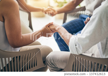 Holding hands, praying circle and religion with business people, team building and faith for mental health. Group, trust and together for support, worship and praise with peace, mindfulness or care 137412613