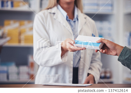Pharmacist, hands of woman and pills with customer for healthcare, mental health and wellness in pharmacy. Pharmaceutical, professional and person for medical product, prescription and antibiotics 137412614