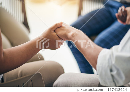 Holding hands, praying circle and support with business people, team building and faith for mental health. Group, closeup and together for religion, worship and praise with peace, mindfulness or care 137412624