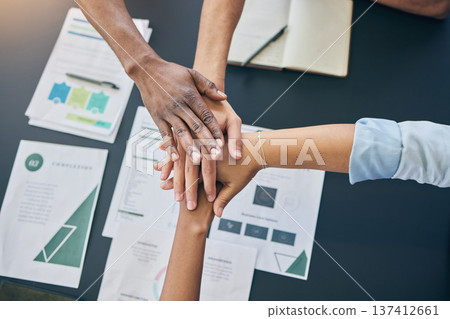 Hands stack, business people and documents top view, teamwork and planning at startup, office and group. Team building, goals and synergy with link, connection and paperwork for circle in workplace 137412661