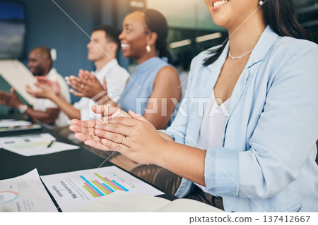 Business people, hands and applause, presentation and team with strategy meeting, seminar and paperwork. Conference, corporate group are clapping and audience, support and success with analytics 137412667