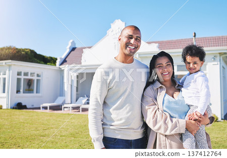 Happy family, portrait and real estate in property, investment or moving in new home together. Father, mother and child smile in happiness for buying house, building finance or outdoor mortgage loan Happy family, portrait and real estate in property, investment or moving in new home together. Father, mother and child smile in happiness for buying house, building finance or outdoor mortgage loan 137412764
