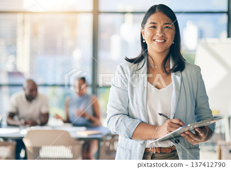 Portrait of Asian woman in office with tablet, smile and leadership in business meeting in professional space. Workshop, management and happy businesswoman with digital device, mockup and confidence. Portrait of Asian woman in office with tablet, smile and leadership in business meeting in professional space. Workshop, management and happy businesswoman with digital device, mockup and confidence. 137412790