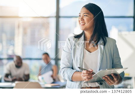 Asian woman in office with clipboard, smile and leadership with business meeting schedule in professional space. Workshop, management and happy businesswoman with checklist, mockup and confidence. Asian woman in office with clipboard, smile and leadership with business meeting schedule in professional space. Workshop, management and happy businesswoman with checklist, mockup and confidence. 137412805