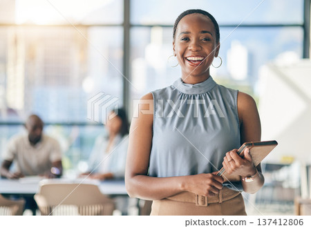 Portrait of black woman in office with tablet, smile and leadership in business meeting in professional space. Workshop, management and happy businesswoman with digital device, mockup and confidence. Portrait of black woman in office with tablet, smile and leadership in business meeting in professional space. Workshop, management and happy businesswoman with digital device, mockup and confidence. 137412806