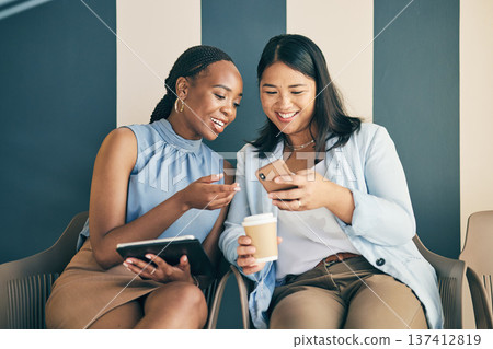 Phone, tablet and business women online in office for social media post, internet and website. Work friends, happy and workers on smartphone reading news, blog and laugh at meme on coffee break Phone, tablet and business women online in office for social media post, internet and website. Work friends, happy and workers on smartphone reading news, blog and laugh at meme on coffee break 137412819