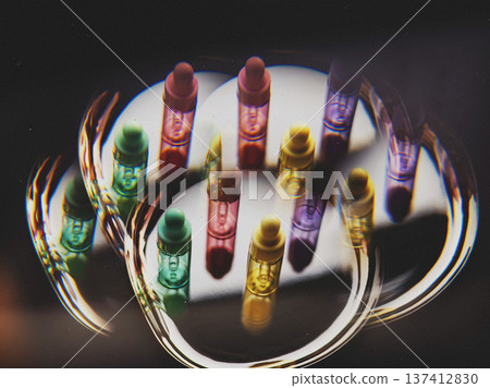 Vibrant rainbow dropper bottles on a reflective metal tray. Colorful glass vials for essential oils or serums. Dark aesthetic background with reflections. Modern skincare and wellness. Prism effect. Vibrant rainbow dropper bottles on a reflective metal tray. Colorful glass vials for essential oils or serums. Dark aesthetic background with reflections. Modern skincare and wellness. Prism effect. 137412830
