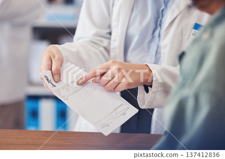 Customer help, paper and hands of pharmacist explain description, receipt information or healthcare advice. Store clinic client, hospital communication or closeup medical expert point at prescription 137412836