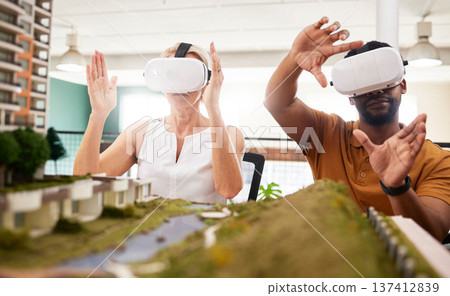3D, architecture and virtual reality, construction people and digital world with future tech, team and building model. Experience, VR goggles and engineering, industry 4.0 and property development 137412839