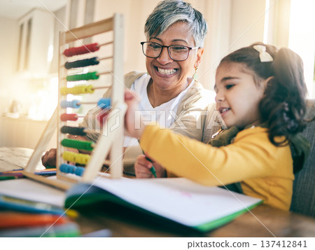 Education, family and child with grandmother, abacus or counting, project or homeschool, kindergarten or lesson. Learning, math and happy kid with grandma in living room help, teaching or development 137412841