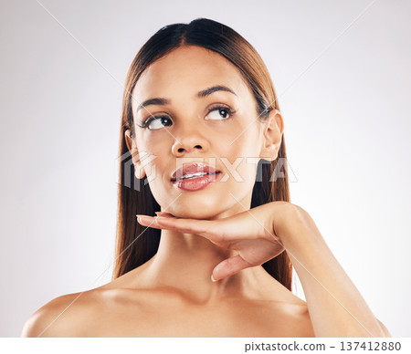 Skincare, glow and hand on face of woman in studio for self care, wellness or satisfaction on white background. Beauty, results and lady model with cosmetic, care or facial, dermatology or treatment Skincare, glow and hand on face of woman in studio for self care, wellness or satisfaction on white background. Beauty, results and lady model with cosmetic, care or facial, dermatology or treatment 137412880