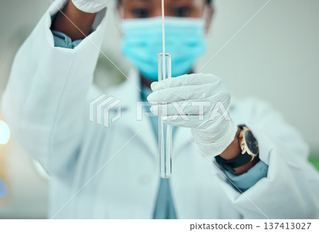 Science, pcr and cotton with hands of doctor for vaccine research, medical and dna test. Pharmacy, medicine and healthcare with closeup of person and swab for virus, pathology exam and diagnosis Science, pcr and cotton with hands of doctor for vaccine research, medical and dna test. Pharmacy, medicine and healthcare with closeup of person and swab for virus, pathology exam and diagnosis 137413027