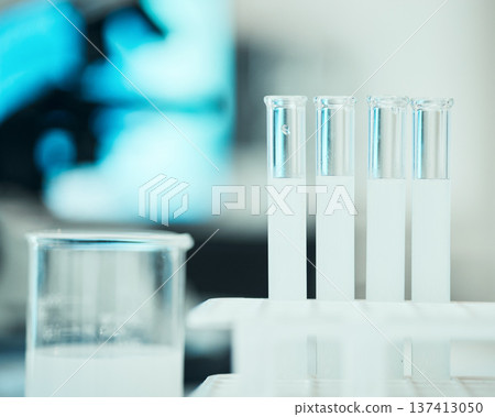 Test tube, chemistry and science, chemical in laboratory with medical research and innovation, closeup and future. Liquid solution in glass container, scientific study and pharmacy with investigation Test tube, chemistry and science, chemical in laboratory with medical research and innovation, closeup and future. Liquid solution in glass container, scientific study and pharmacy with investigation 137413050