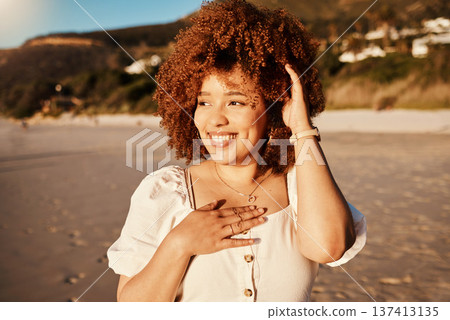 Beach, smile and face of woman on holiday, tropical island at sunset and freedom to relax. Nature, blue sky and happy girl on ocean vacation, adventure and outdoor summer travel at sea in Hawaii. Beach, smile and face of woman on holiday, tropical island at sunset and freedom to relax. Nature, blue sky and happy girl on ocean vacation, adventure and outdoor summer travel at sea in Hawaii. 137413135