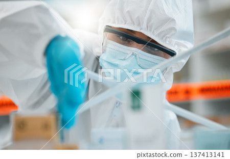 Laboratory, product inspection or person check safety security of hospital clinic, contamination or medicine. Shelf investigation, PPE hazmat suit or healthcare worker analysis of medical danger risk Laboratory, product inspection or person check safety security of hospital clinic, contamination or medicine. Shelf investigation, PPE hazmat suit or healthcare worker analysis of medical danger risk 137413141