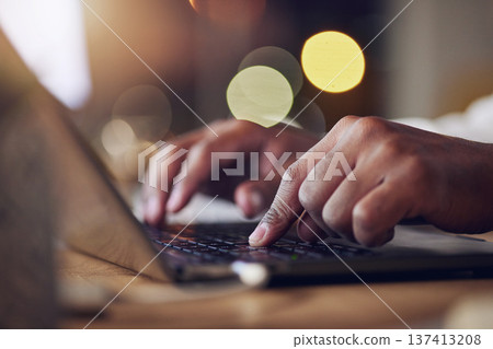Laptop keyboard, hands and night person typing, copywriting or working late on social media content writing. Closeup, dark office and writer editing online article, information or creative essay Laptop keyboard, hands and night person typing, copywriting or working late on social media content writing. Closeup, dark office and writer editing online article, information or creative essay 137413208
