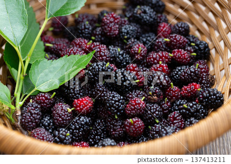 Black mulberry and red mulberry in a basket, close-up. Organic fresh berries. sweet blackberries 137413211