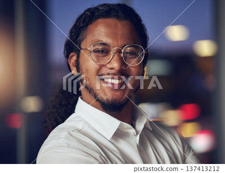 Happy, night and portrait of business man in office for professional, manager and accountant. Pride, corporate and smile with face of employee in Indian agency for finance, consulting and economy Happy, night and portrait of business man in office for professional, manager and accountant. Pride, corporate and smile with face of employee in Indian agency for finance, consulting and economy 137413212