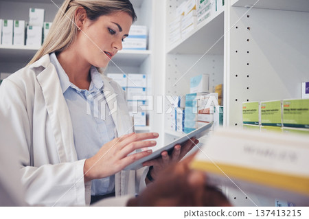 Tablet, clinic woman and pharmacist reading, typing and search hospital database for product, pills or medicine. Pharmacy shop, online research and health expert check pharmaceutical supplements info 137413215