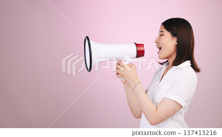 Megaphone announcement, studio or profile woman with sales discount, promo deal or breaking news audio. Advertising speech, mockup space or female speaker noise, attention or voice on pink background 137413216