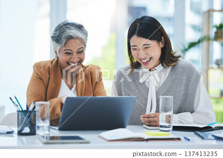 Business women, manager and laptop for funny training, teamwork or internship collaboration in marketing meeting. Professional mentor and worker on computer for website meme, planning and teamwork Business women, manager and laptop for funny training, teamwork or internship collaboration in marketing meeting. Professional mentor and worker on computer for website meme, planning and teamwork 137413235