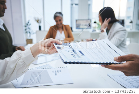 Hands, documents or business people in meeting for feedback or performance review paperwork. Team report, planning sales logistics or manager giving portfolio or data analytics to employee in office 137413255